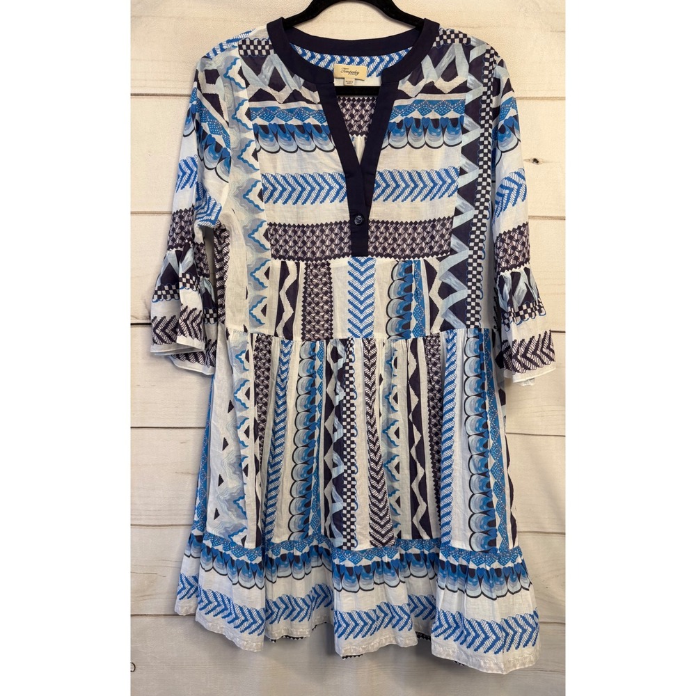 Temperley London Blue White Geometric Print Bell Sleeve Tiered Cotton Mini Dress